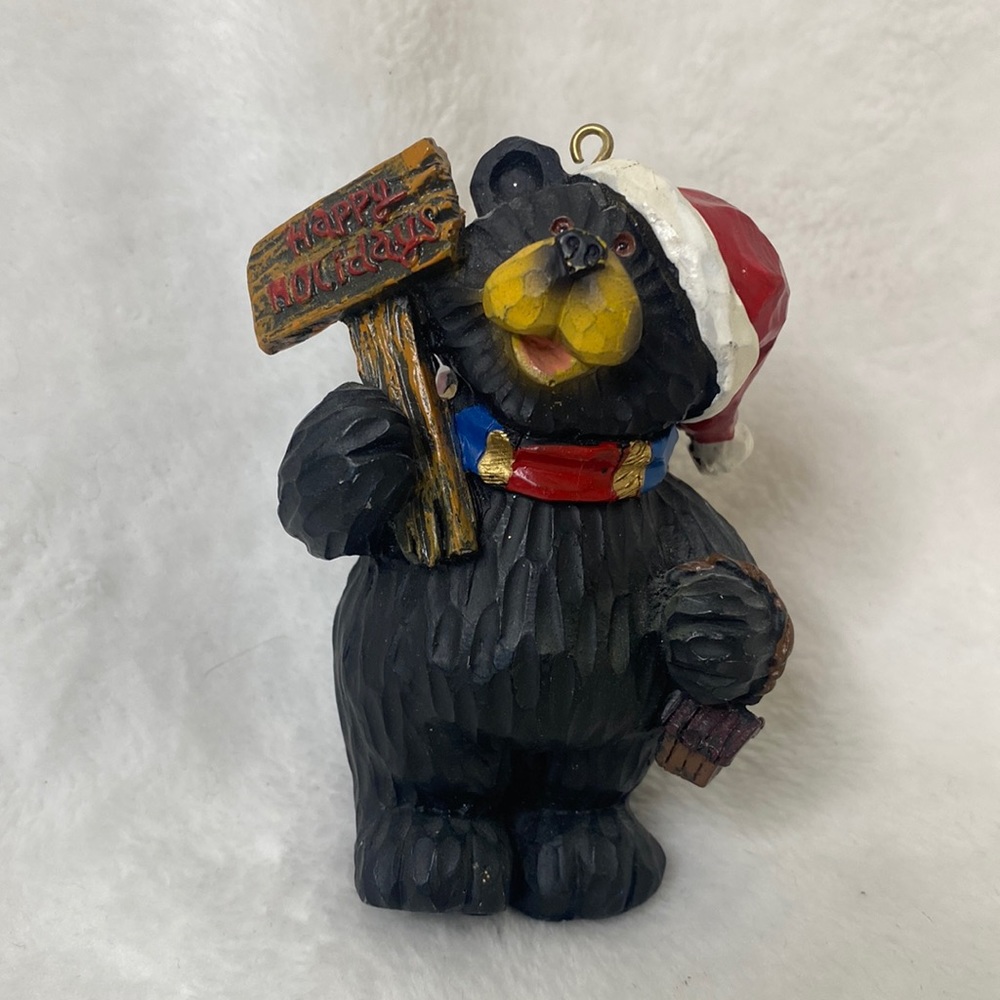 Happy Holidays Carved Wooden Bear Ornament